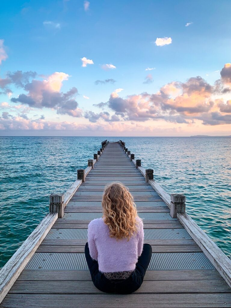 woman, sit, boardwalk, jetty, pier, sea, ocean, clouds, perspective, horizon, sky, seascape, blonde woman, sitting, wooden planks, walkway, alone, solitude, solitary, meditation, relaxation, zen, nature, calm, meditation, meditation, meditation, meditation, meditation